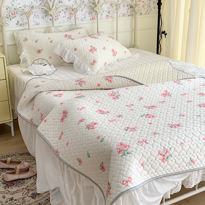 91家纺网 家纺一手货源 找家纺 昔可 2023新款单层雪纺花边乳胶凉席三件套 蝴蝶结粉花