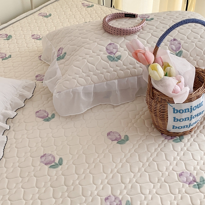 91家纺网 家纺一手货源 找家纺 昔可 2023新款单层雪纺花边乳胶凉席三件套 紫色郁金香