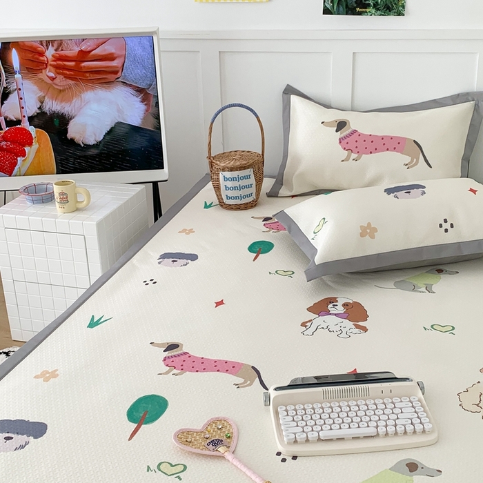 91家纺网 家纺一手货源 找家纺 昔可 2023新款凉感海洋丝针织软席三件套 萌宠小狗