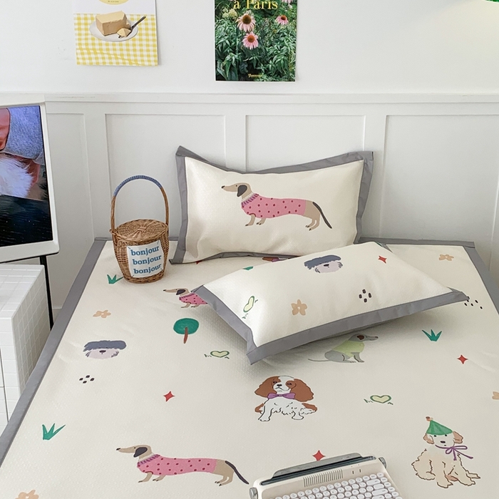 91家纺网 家纺一手货源 找家纺 昔可 2023新款凉感海洋丝针织软席三件套 萌宠小狗