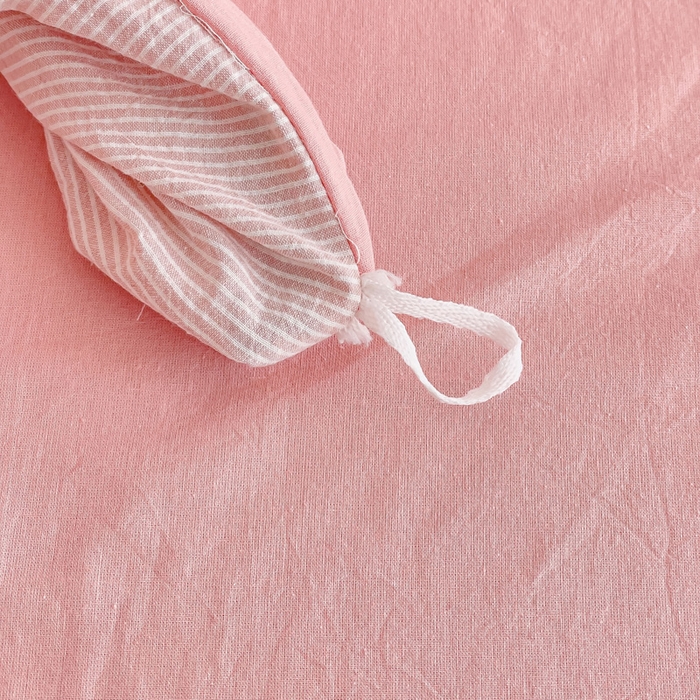 91家纺网 家纺一手货源 找家纺 金丝鸟 2023新款贝壳边A类色织全棉水洗棉简约条纹四件套 贝壳边款简约条纹 粉