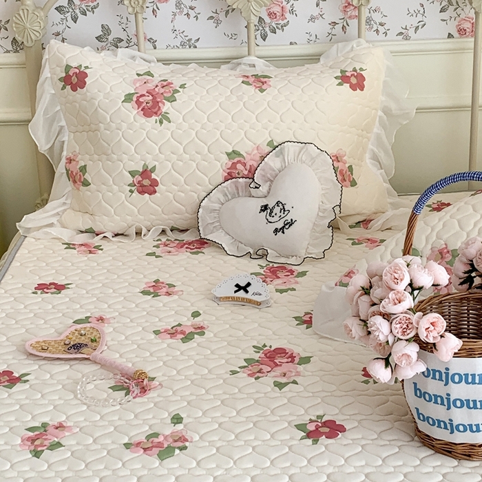 91家纺网 家纺一手货源 找家纺 昔可 2023新款单层雪纺花边乳胶凉席三件套 午后茶花