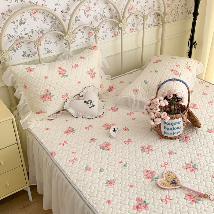 91家纺网 家纺一手货源 找家纺 昔可 2023新款单层雪纺花边乳胶凉席三件套 蝴蝶结粉花