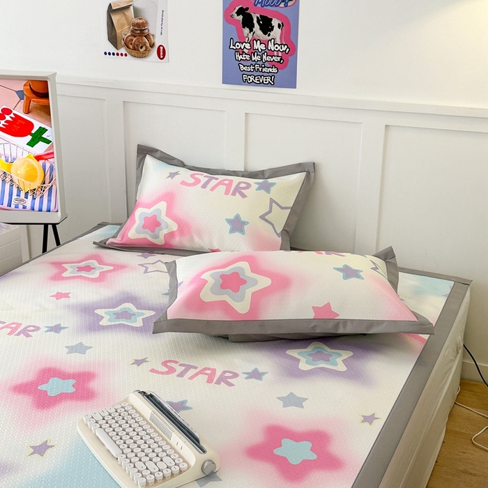 91家纺网 家纺一手货源 找家纺 昔可 2023新款凉感海洋丝针织软席三件套 彩色五角星