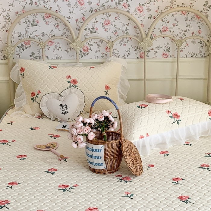 91家纺网 家纺一手货源 找家纺 昔可 2023新款单层雪纺花边乳胶凉席三件套 薄樱粉枝