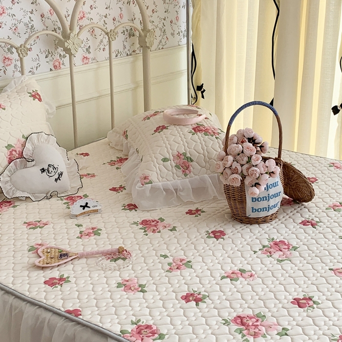 91家纺网 家纺一手货源 找家纺 昔可 2023新款单层雪纺花边乳胶凉席三件套 午后茶花