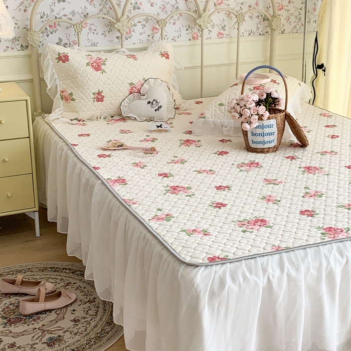 91家纺网 家纺一手货源 找家纺 昔可 2023新款单层雪纺花边乳胶凉席三件套 午后茶花