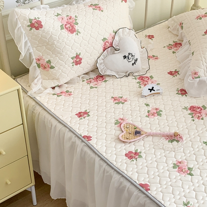 91家纺网 家纺一手货源 找家纺 昔可 2023新款单层雪纺花边乳胶凉席三件套 午后茶花