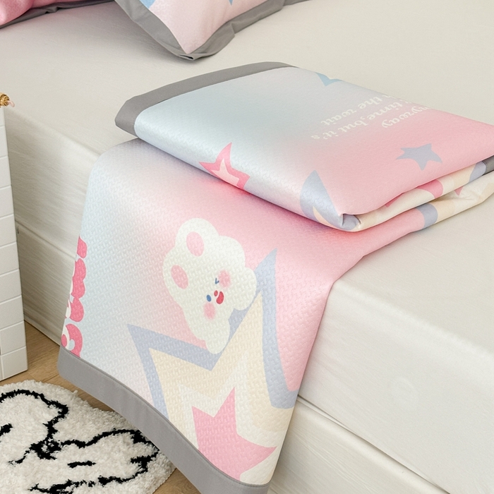 91家纺网 家纺一手货源 找家纺 昔可 2023新款凉感海洋丝针织软席三件套 星星兔