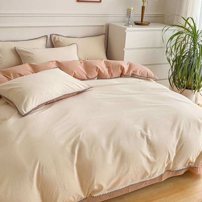 91家纺网 家纺一手货源 找家纺 金丝鸟 2023新款贝壳边A类色织全棉水洗棉简约条纹四件套 贝壳边款简约条纹咖