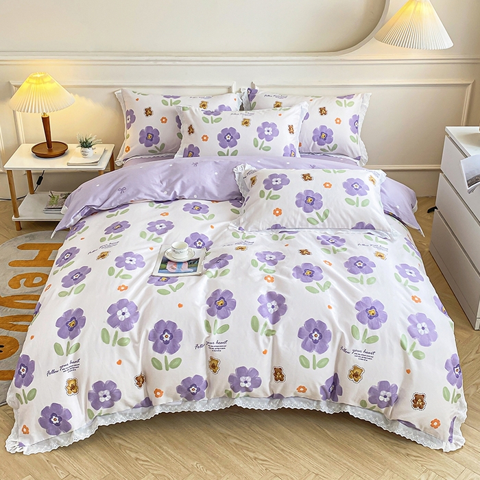 91家纺网 家纺一手货源 找家纺 宇彬20223年新款13372全棉韩版刺绣花边和印花花边四件套和单被套 刺绣花边 花田美事-紫