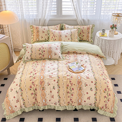 91家纺网 家纺一手货源 找家纺 宇彬20223年新款13372全棉韩版刺绣花边和印花花边四件套和单被套 印花花边 北海恋人