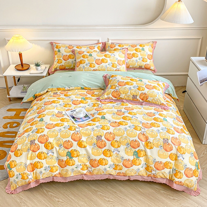 91家纺网 家纺一手货源 找家纺 宇彬20223年新款13372全棉韩版刺绣花边和印花花边四件套和单被套 刺绣花边 南瓜乐园