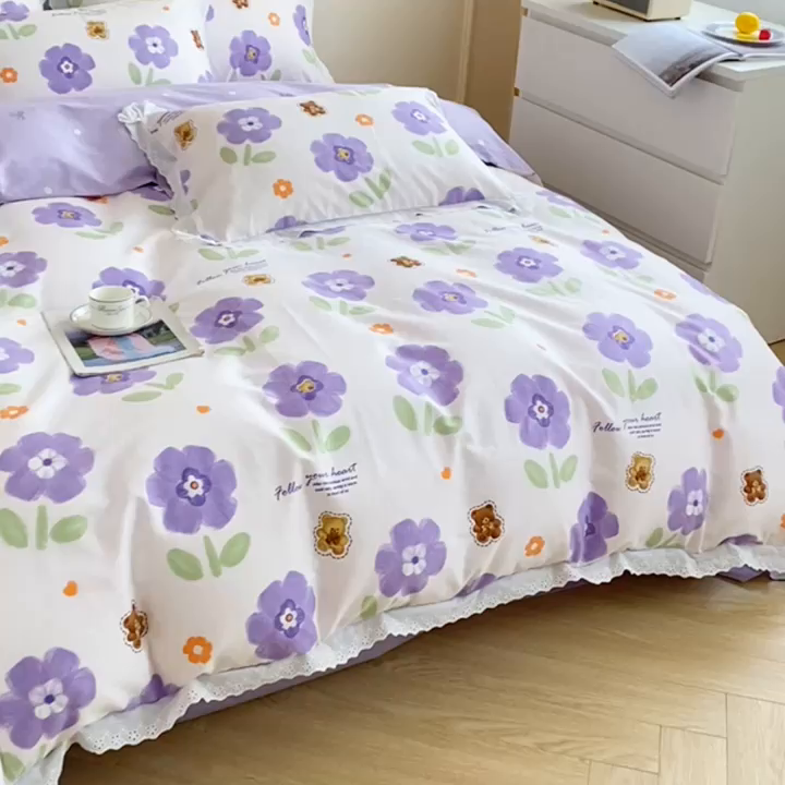 91家纺网 家纺一手货源 找家纺 宇彬20223年新款13372全棉韩版刺绣花边和印花花边四件套和单被套 刺绣花边 花田美事-紫