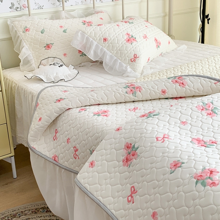 91家纺网 家纺一手货源 找家纺 昔可 2023新款单层雪纺花边乳胶凉席三件套 蝴蝶结粉花