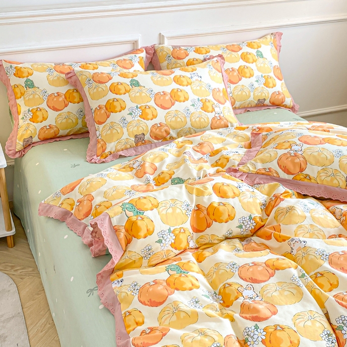 91家纺网 家纺一手货源 找家纺 宇彬20223年新款13372全棉韩版刺绣花边和印花花边四件套和单被套 刺绣花边 南瓜乐园