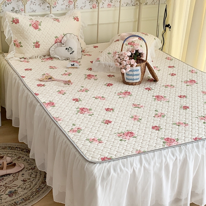 91家纺网 家纺一手货源 找家纺 昔可 2023新款单层雪纺花边乳胶凉席三件套 午后茶花