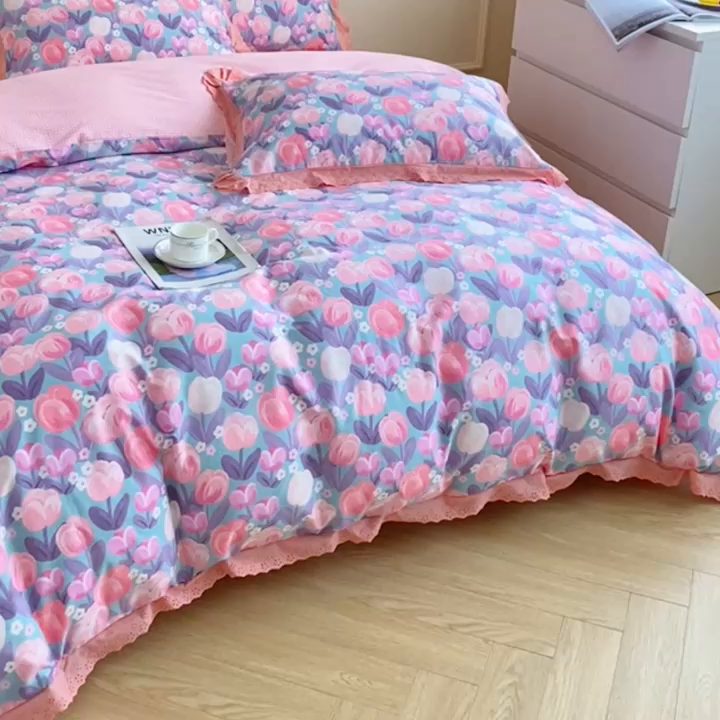 91家纺网 家纺一手货源 找家纺 宇彬20223年新款13372全棉韩版刺绣花边和印花花边四件套和单被套 刺绣花边 花香丽影