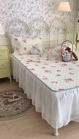 91家纺网 家纺一手货源 找家纺 昔可 2023新款单层雪纺花边乳胶凉席三件套 午后茶花