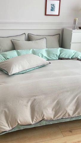 91家纺网 家纺一手货源 找家纺 金丝鸟 2023新款贝壳边A类色织全棉水洗棉简约条纹四件套 贝壳边款 简约条纹 绿