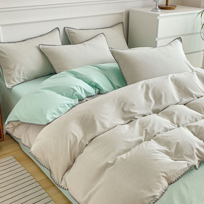 91家纺网 家纺一手货源 找家纺 金丝鸟 2023新款贝壳边A类色织全棉水洗棉简约条纹四件套 贝壳边款 简约条纹 绿