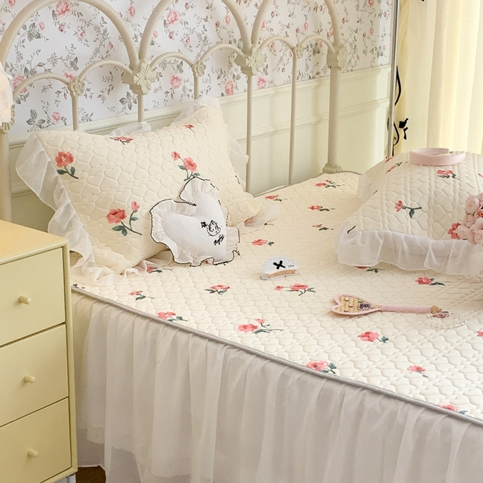 91家纺网 家纺一手货源 找家纺 昔可 2023新款单层雪纺花边乳胶凉席三件套 薄樱粉枝