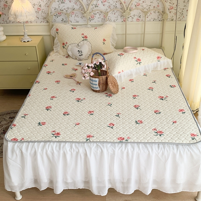 91家纺网 家纺一手货源 找家纺 昔可 2023新款单层雪纺花边乳胶凉席三件套 薄樱粉枝