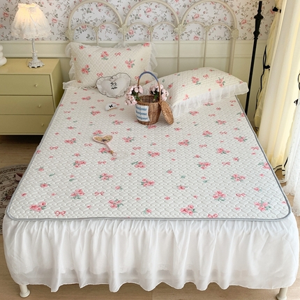 昔可 2023新款单层雪纺花边乳胶凉席三件套 蝴蝶结粉花