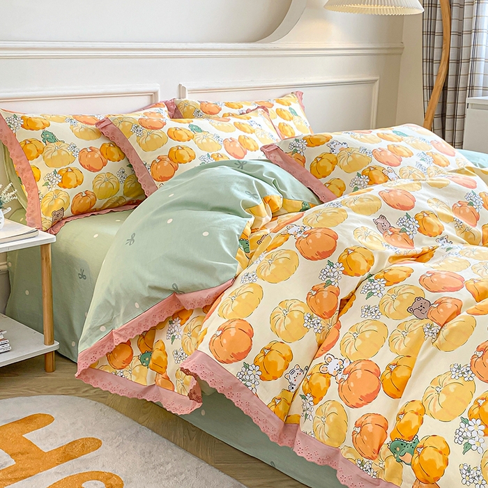 91家纺网 家纺一手货源 找家纺 宇彬20223年新款13372全棉韩版刺绣花边和印花花边四件套和单被套 刺绣花边 南瓜乐园