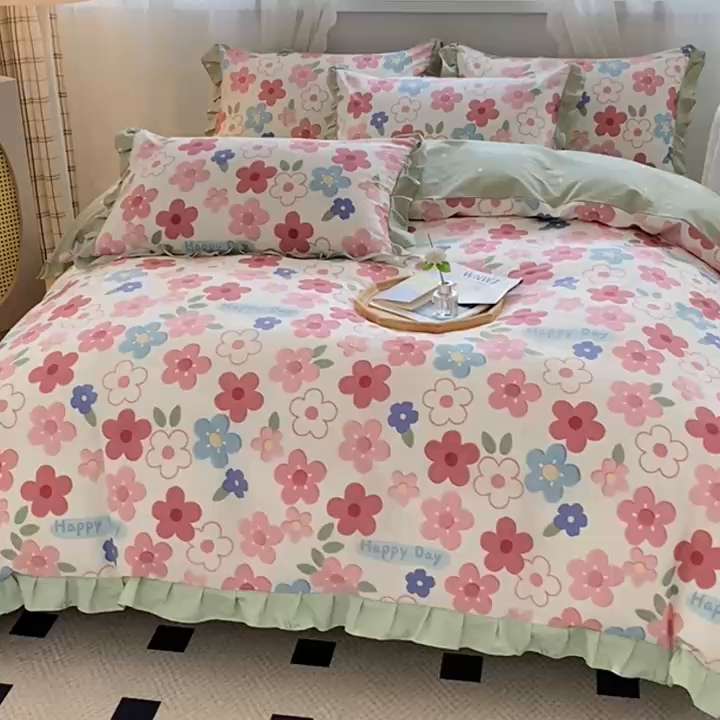 91家纺网 家纺一手货源 找家纺 宇彬20223年新款13372全棉韩版刺绣花边和印花花边四件套和单被套 印花花边 花儿朵朵-粉