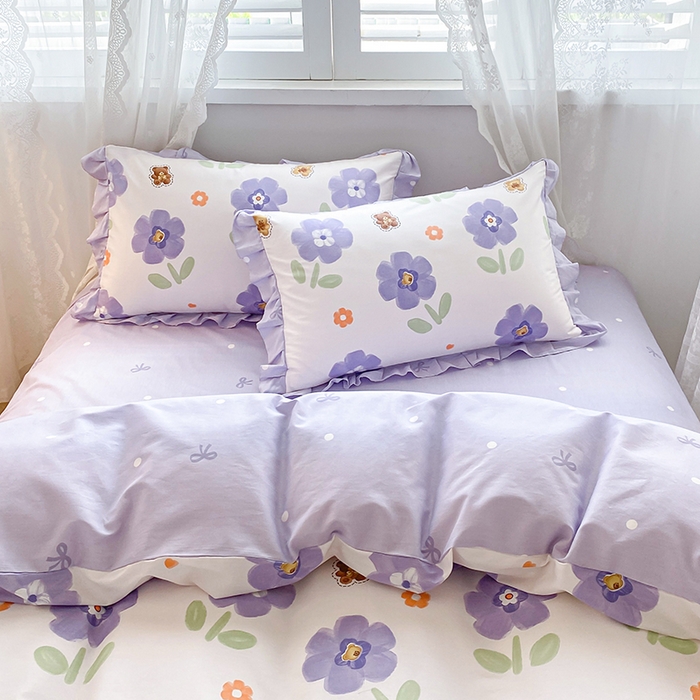 91家纺网 家纺一手货源 找家纺 宇彬20223年新款13372全棉韩版刺绣花边和印花花边四件套和单被套 印花花边 花田美事-紫