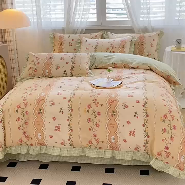 91家纺网 家纺一手货源 找家纺 宇彬20223年新款13372全棉韩版刺绣花边和印花花边四件套和单被套 印花花边 北海恋人