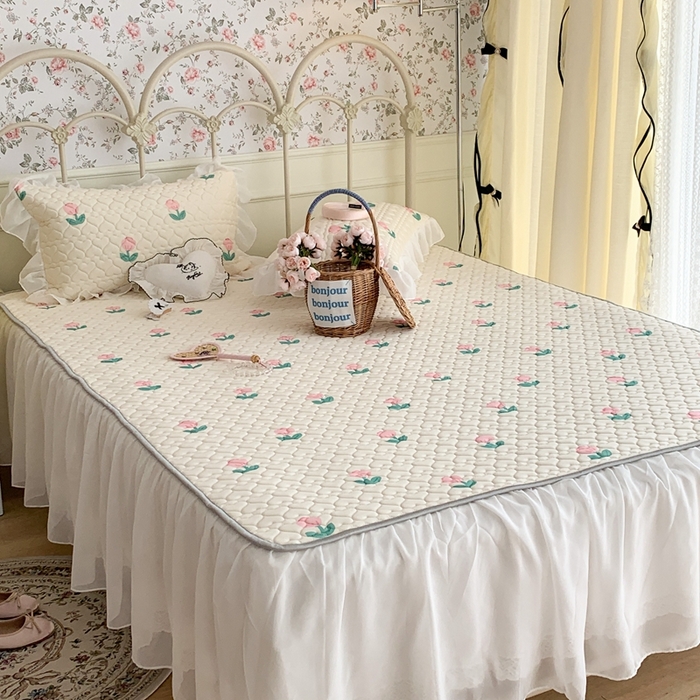 91家纺网 家纺一手货源 找家纺 昔可 2023新款单层雪纺花边乳胶凉席三件套 粉嫩小郁金