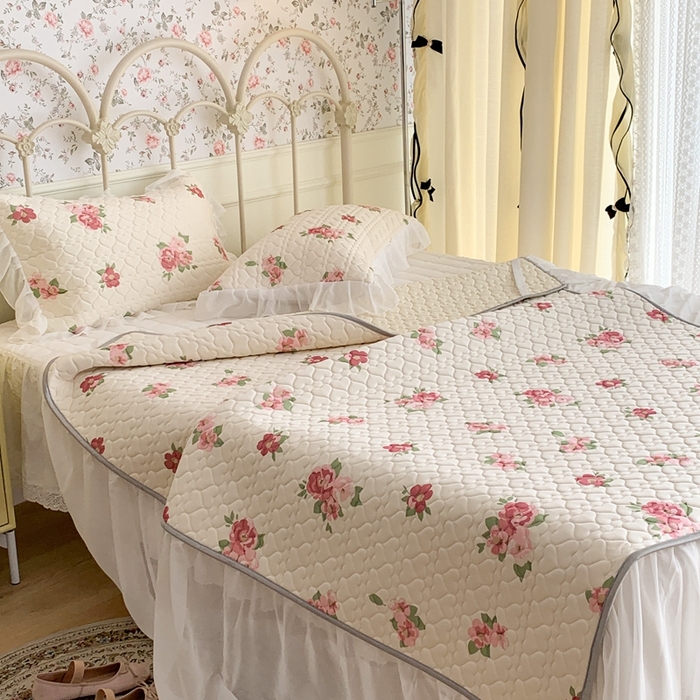 91家纺网 家纺一手货源 找家纺 昔可 2023新款单层雪纺花边乳胶凉席三件套 午后茶花