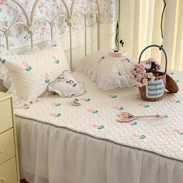 91家纺网 家纺一手货源 找家纺 昔可 2023新款单层雪纺花边乳胶凉席三件套 粉嫩小郁金