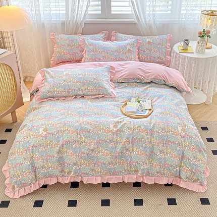 91家纺网 家纺一手货源 找家纺 宇彬20223年新款13372全棉韩版刺绣花边和印花花边四件套和单被套 印花花边 秋日花圃