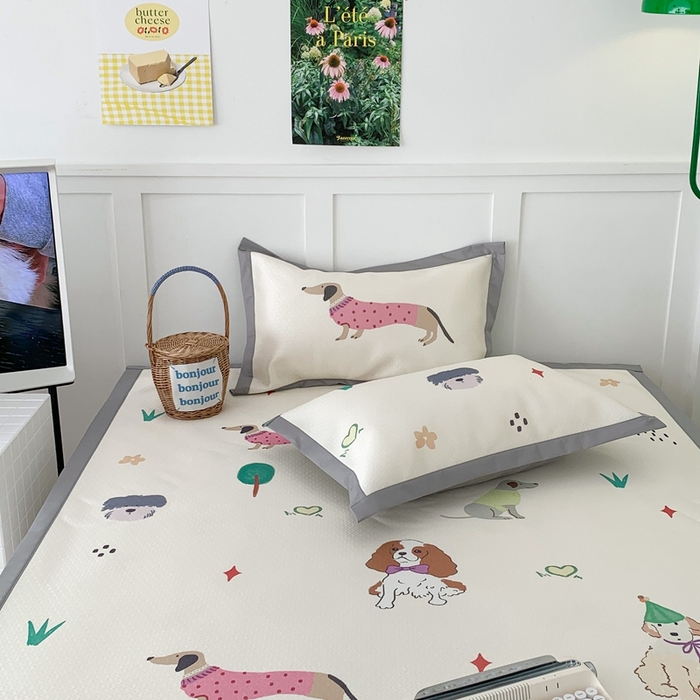 91家纺网 家纺一手货源 找家纺 昔可 2023新款凉感海洋丝针织软席三件套 萌宠小狗