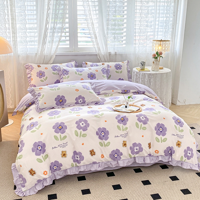 91家纺网 家纺一手货源 找家纺 宇彬20223年新款13372全棉韩版刺绣花边和印花花边四件套和单被套 印花花边 花田美事-紫