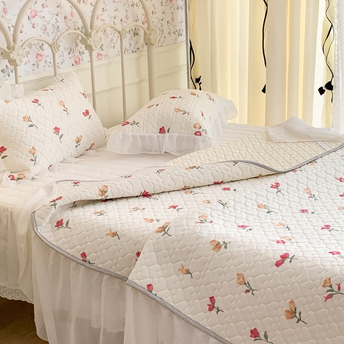 91家纺网 家纺一手货源 找家纺 昔可 2023新款单层雪纺花边乳胶凉席三件套 微醺小黄花