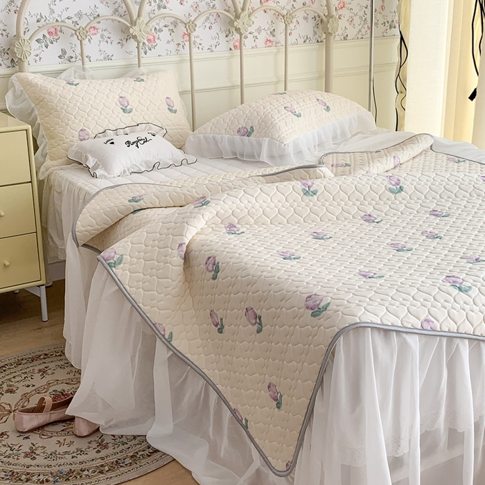 91家纺网 家纺一手货源 找家纺 昔可 2023新款单层雪纺花边乳胶凉席三件套 紫色郁金香