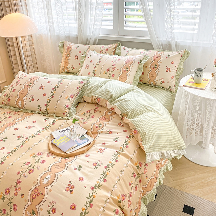 91家纺网 家纺一手货源 找家纺 宇彬20223年新款13372全棉韩版刺绣花边和印花花边四件套和单被套 印花花边 北海恋人