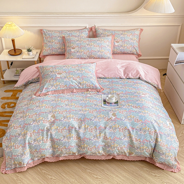 91家纺网 家纺一手货源 找家纺 宇彬20223年新款13372全棉韩版刺绣花边和印花花边四件套和单被套 刺绣花边 秋日花圃