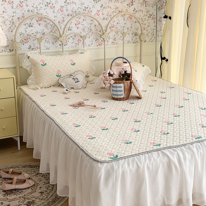 91家纺网 家纺一手货源 找家纺 昔可 2023新款单层雪纺花边乳胶凉席三件套 粉嫩小郁金