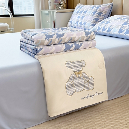 芃成2023新款水洗真丝夏被四件套-刺绣小熊 熊出没-蓝