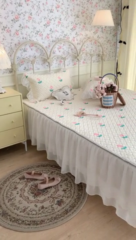 91家纺网 家纺一手货源 找家纺 昔可 2023新款单层雪纺花边乳胶凉席三件套 粉嫩小郁金