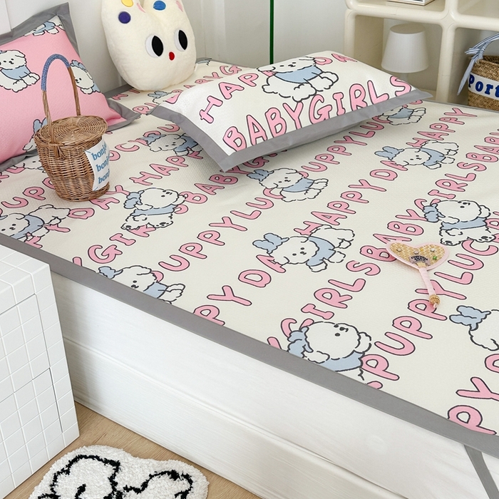 91家纺网 家纺一手货源 找家纺 昔可 2023新款凉感海洋丝针织软席三件套 粉字母狗狗