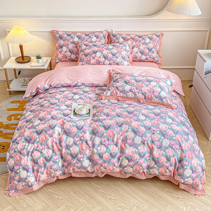 91家纺网 家纺一手货源 找家纺 宇彬20223年新款13372全棉韩版刺绣花边和印花花边四件套和单被套 刺绣花边 花香丽影