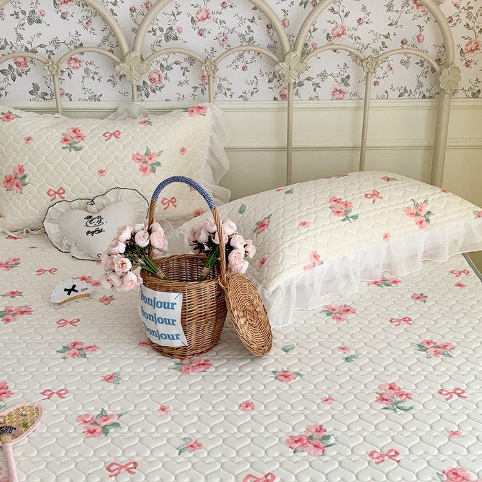 91家纺网 家纺一手货源 找家纺 昔可 2023新款单层雪纺花边乳胶凉席三件套 蝴蝶结粉花