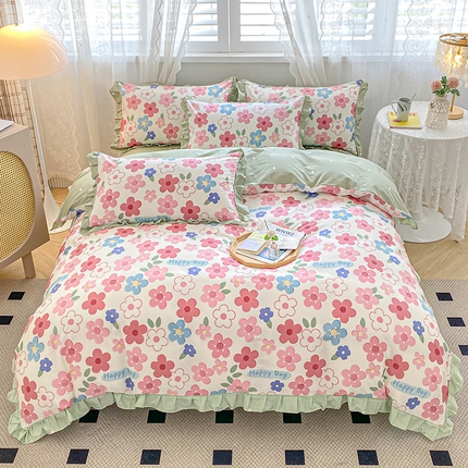 91家纺网 家纺一手货源 找家纺 宇彬20223年新款13372全棉韩版刺绣花边和印花花边四件套和单被套 印花花边 花儿朵朵-粉