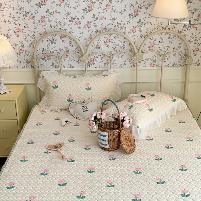 91家纺网 家纺一手货源 找家纺 昔可 2023新款单层雪纺花边乳胶凉席三件套 粉嫩小郁金